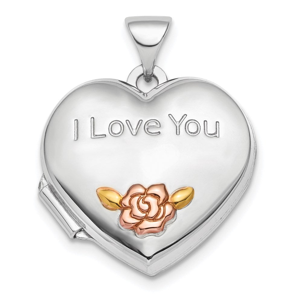 Sterlingsilber Rhod-plate Rose & Goldfarben Blume I Liebe You Herz Medaillon