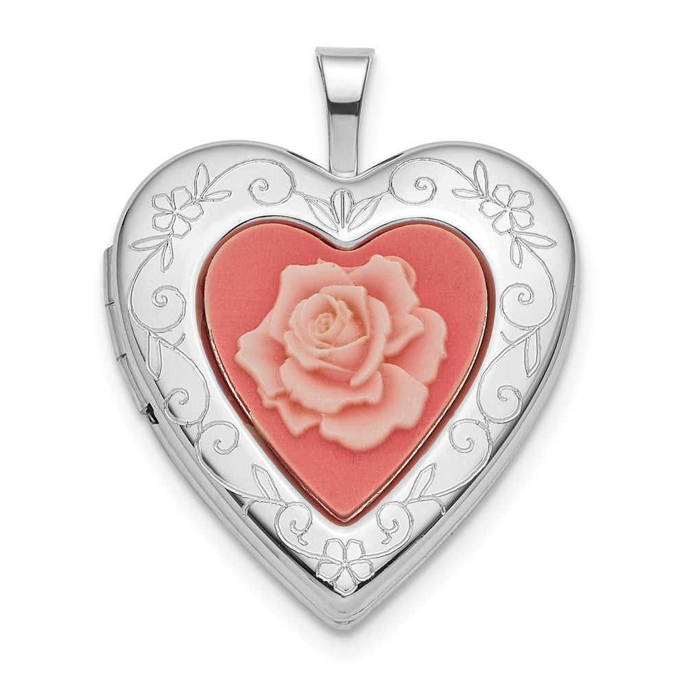 Sterlingsilber Rhodiniert 20mm Rosa Resin Rose Cameo Herz Medaillon