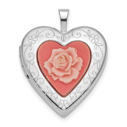 Sterlingsilber Rhodiniert 20mm Rosa Resin Rose Cameo Herz Medaillon