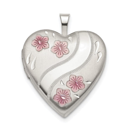 Sterlingsilber Rhodiniert 20mm Rosa Emaille Blume Herz Medaillon
