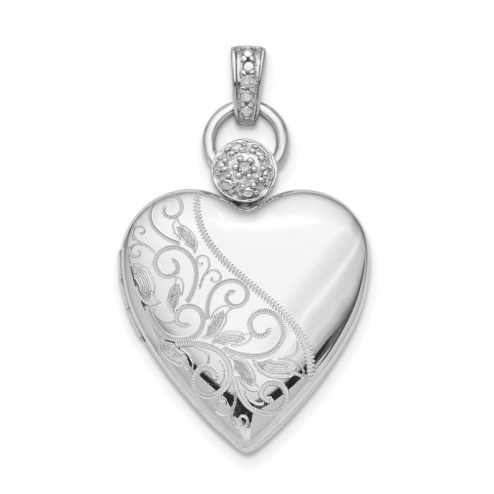 Sterlingsilber Rhodiniert 21mm Herz Diamant. Akzente Diamantiert Satiniert Medaillon