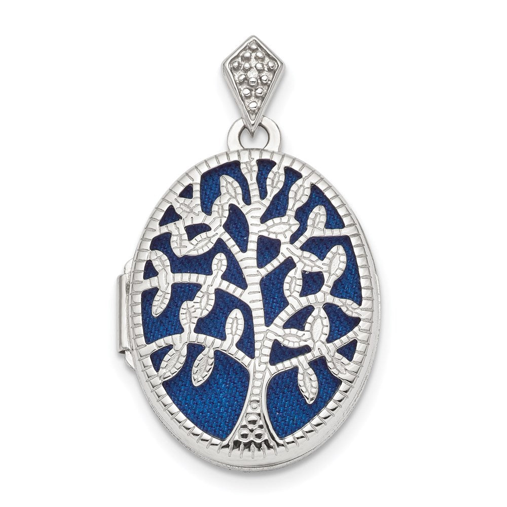 Sterlingsilber Rhodium Platte Poliert & Strukturiert Diamant Baum Medaillon