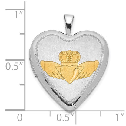 Sterlingsilber 20mm Goldfarben Satiniert & Poliert Diamantiert Claddagh Herz Medaillon