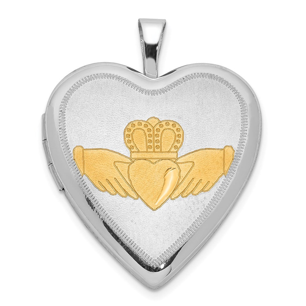 Sterlingsilber 20mm Goldfarben Satiniert & Poliert Diamantiert Claddagh Herz Medaillon