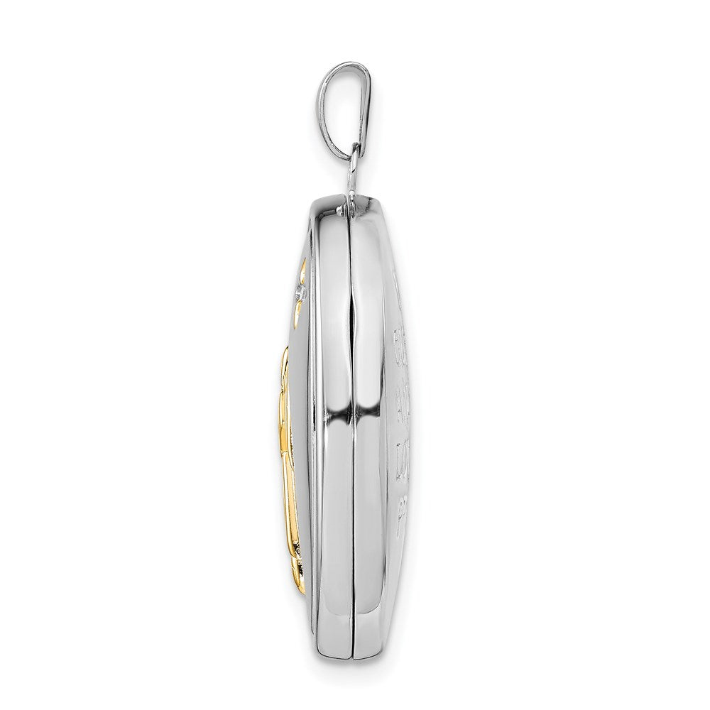 Ovales Familien-Medaillon aus Sterlingsilber mit Gelb-Rhodinierung, Diamant und Engel-Motiv „God Bless You“