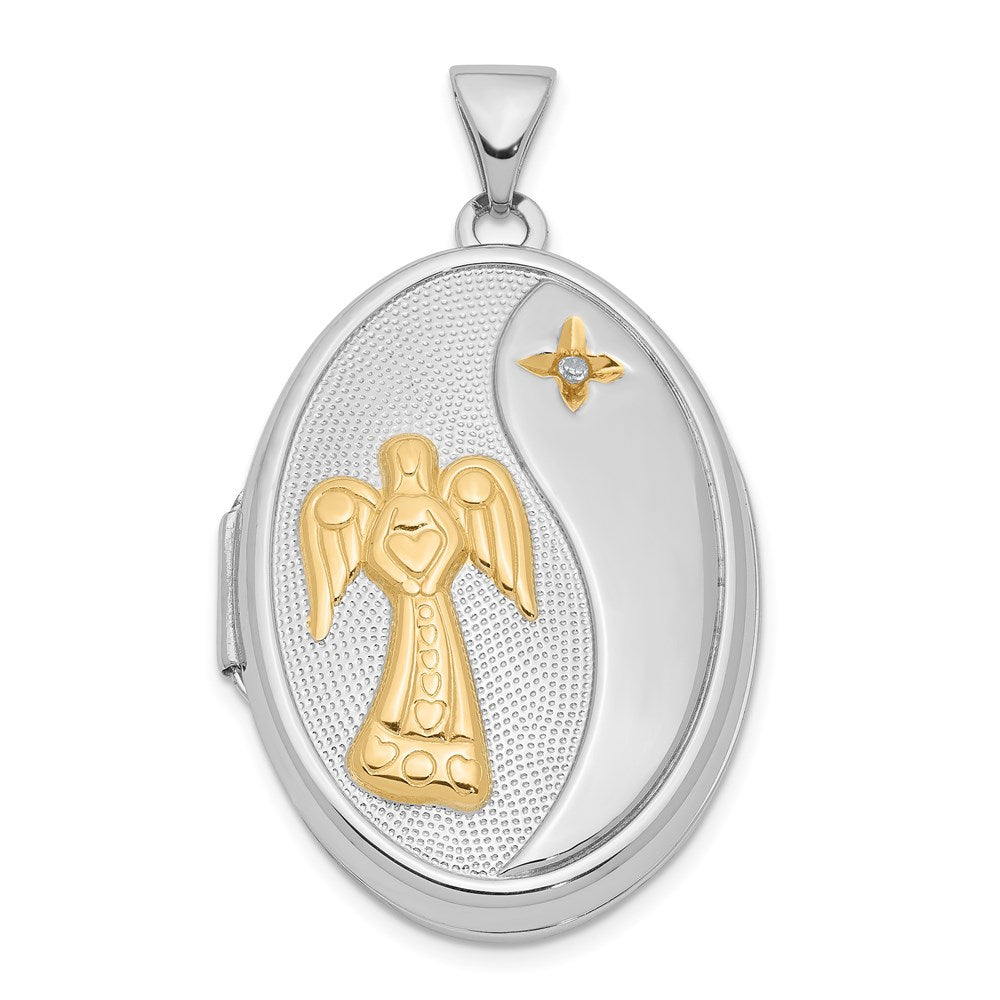 Ovales Familien-Medaillon aus Sterlingsilber mit Gelb-Rhodinierung, Diamant und Engel-Motiv „God Bless You“