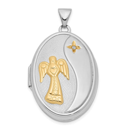 Ovales Familien-Medaillon aus Sterlingsilber mit Gelb-Rhodinierung, Diamant und Engel-Motiv „God Bless You“
