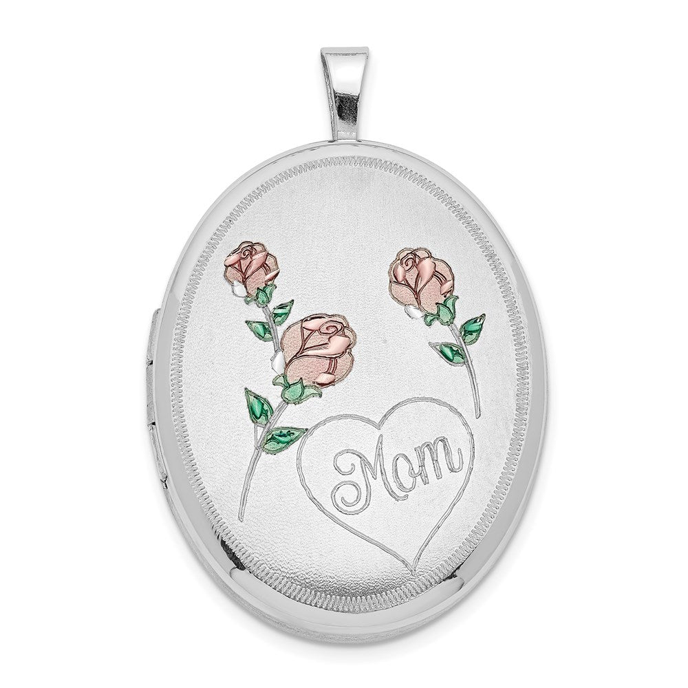 Sterlingsilber Rhodiniert 26mm Satiniert/polished Emailliert Roses Mama Oval Medaillon
