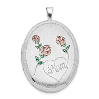 Sterlingsilber Rhodiniert 26mm Satiniert/polished Emailliert Roses Mama Oval Medaillon