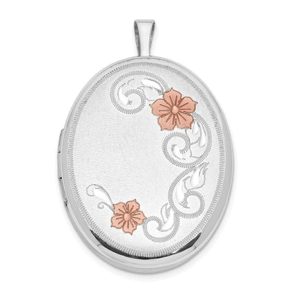 Sterlingsilber Rhodiniert 26mm Satiniert / Poliert Emailliert Blume Diamantiert Oval Medaillon