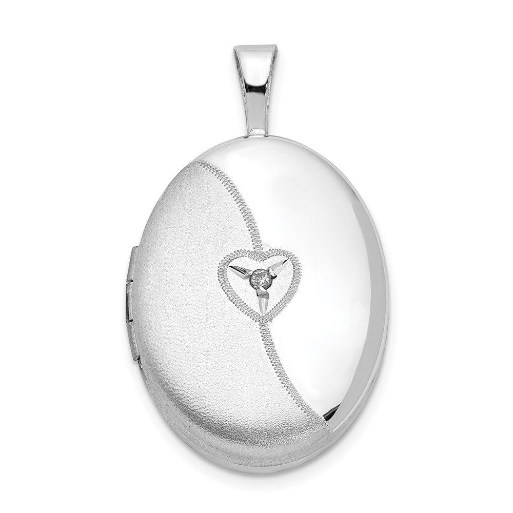 Sterlingsilber Rhodiniert 19mm Diamant Satiniert & Poliert Herz Oval Medaillon