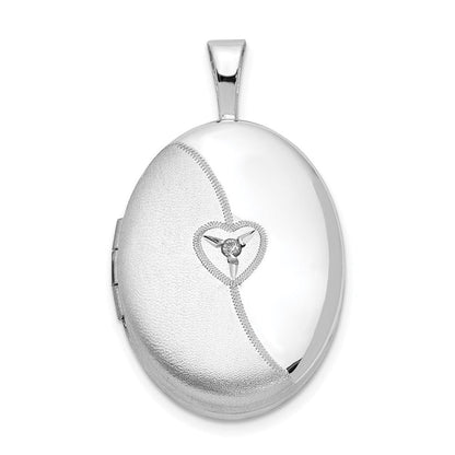 Sterlingsilber Rhodiniert 19mm Diamant Satiniert & Poliert Herz Oval Medaillon