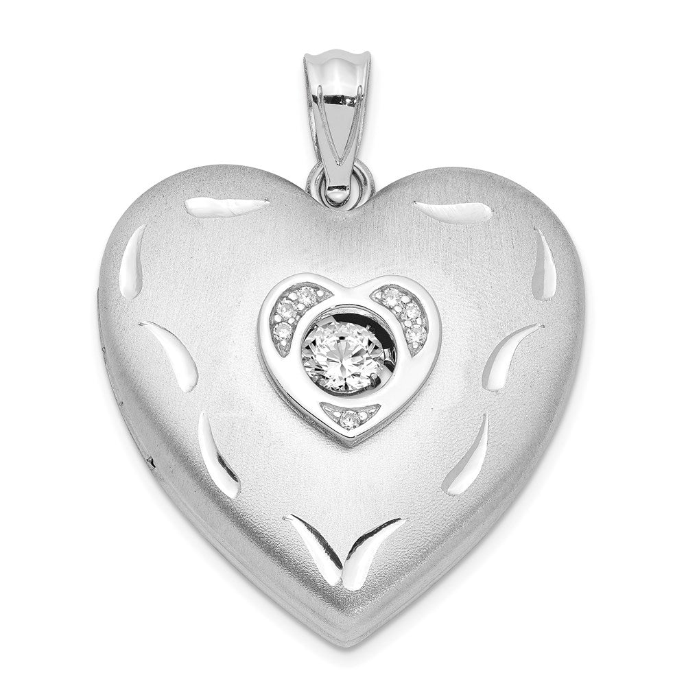 Sterlingsilber Rhodiniert Satiniert Diamant & Lebhaft Zirkonia Herz Medaillon