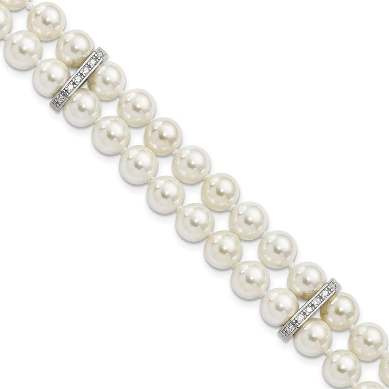 7.5 Zoll Majestik Sterlingsilber Rhodiniert 7-8mm Weiß Imitat Muschel Perle und Zirkonia Hand-knotted Armband