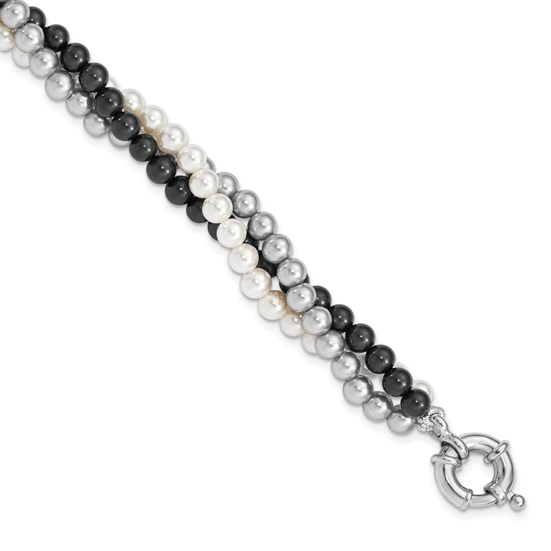 7.5 Zoll Majestik Sterlingsilber Rhodiniert 3 Reihe 4-5mm Weiß Grau Schwarz Imitat Muschel Perle Hand-knotted Armband