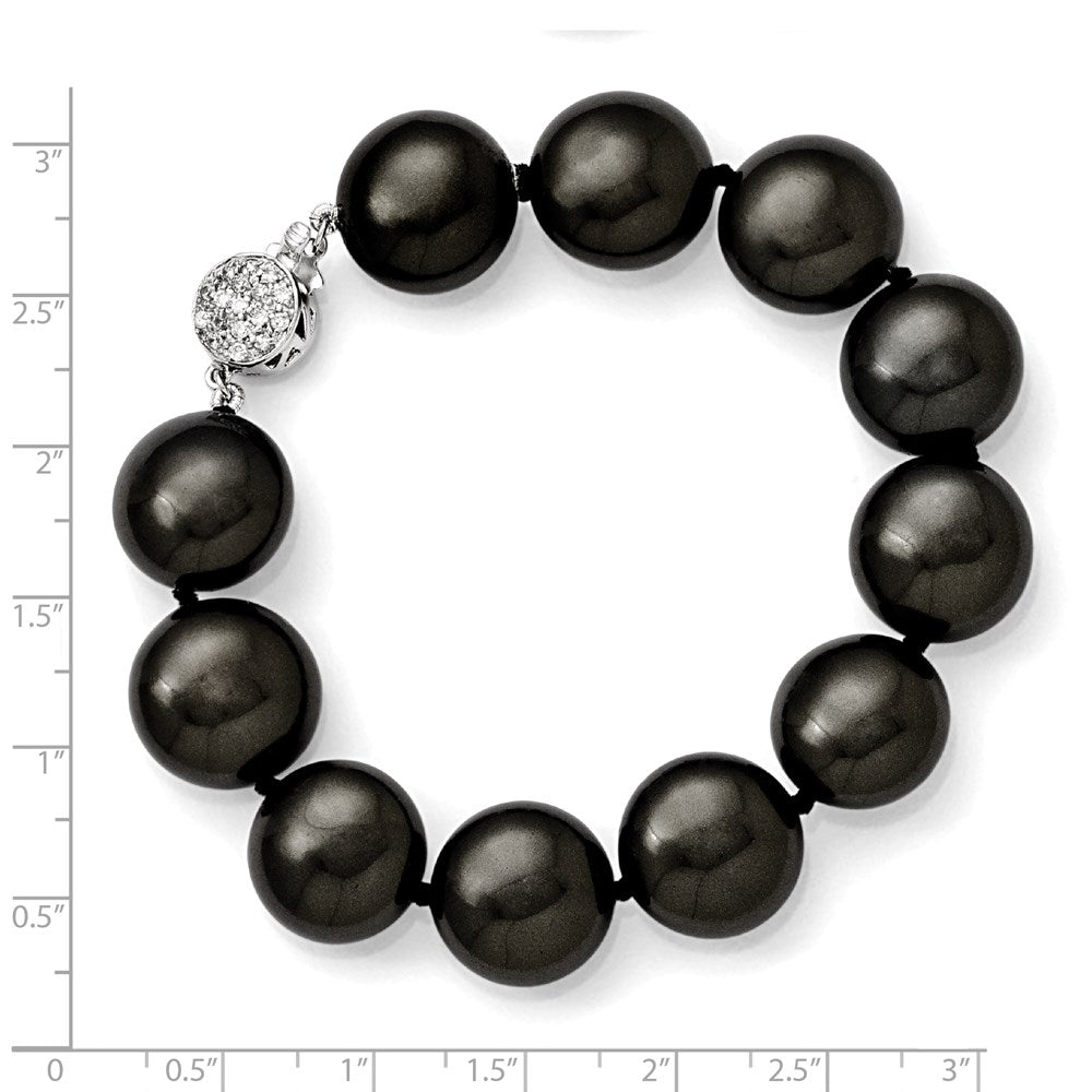 Sterlingsilber S Majestik Rhodiniert-pl 14-15mm Münze Blk Imitat Muschel Perle Zirkonia Verschluss Brac