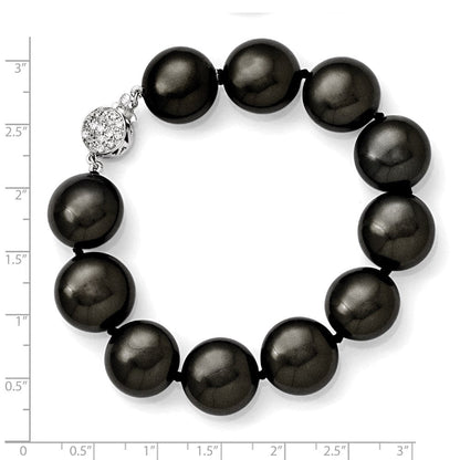 Sterlingsilber S Majestik Rhodiniert-pl 14-15mm Münze Blk Imitat Muschel Perle Zirkonia Verschluss Brac