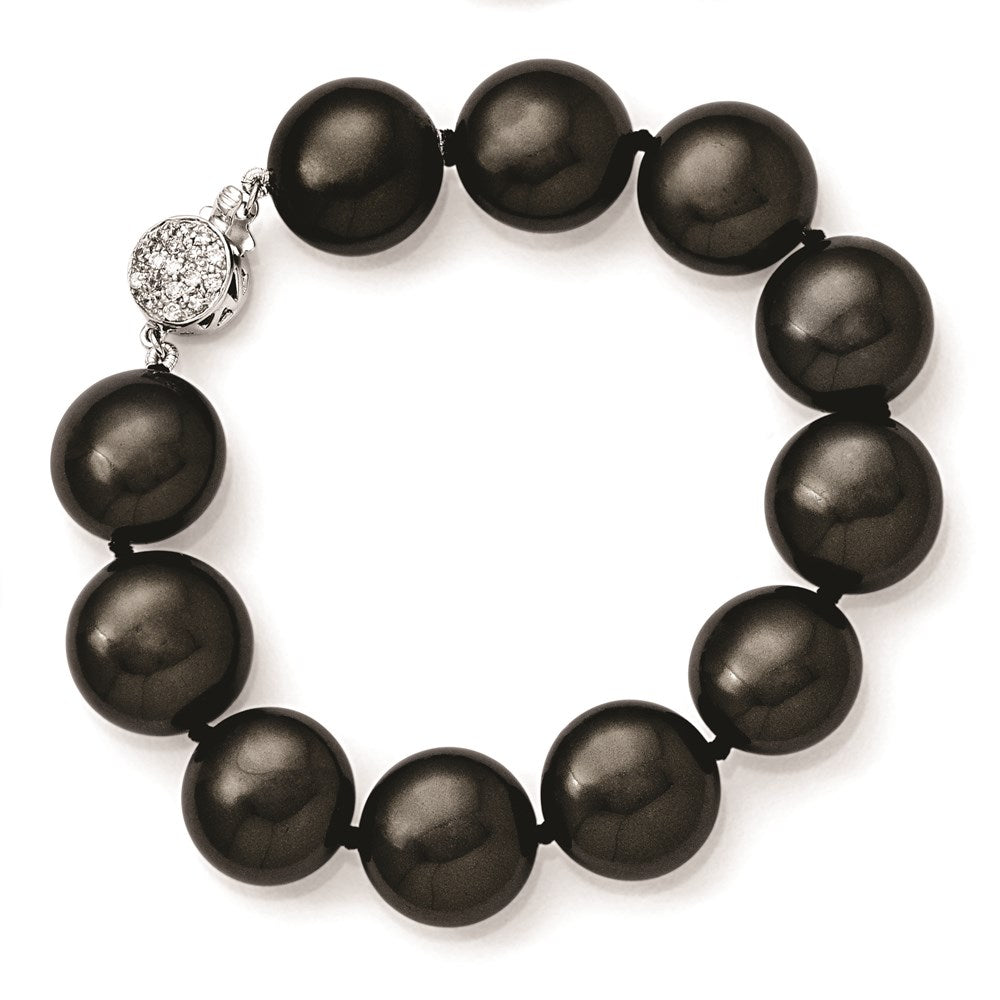 Sterlingsilber S Majestik Rhodiniert-pl 14-15mm Münze Blk Imitat Muschel Perle Zirkonia Verschluss Brac