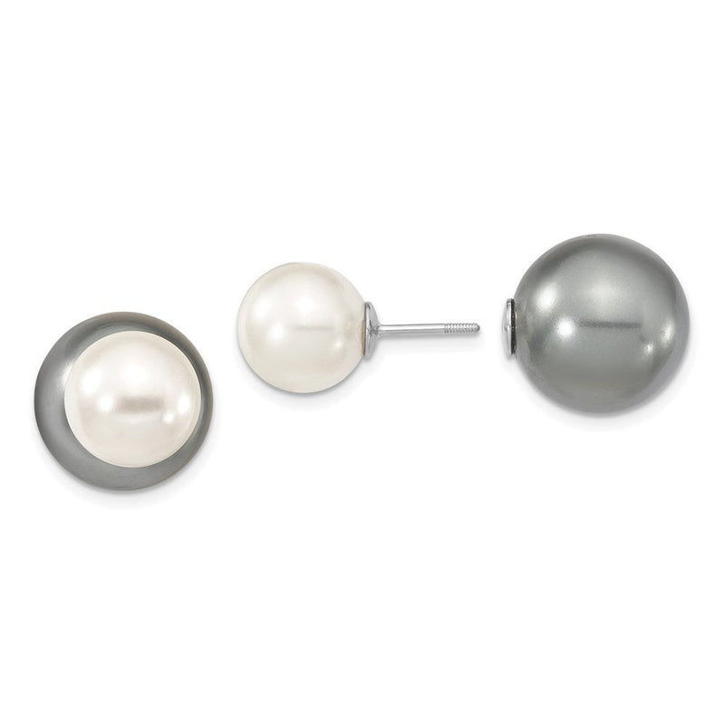 Sterlingsilber Majestik Rhodiniert 10-11mm und 14-15mm Grau mit Weiß Imitat Muschel Perle Vorderseite Rückseite Ohrstecker