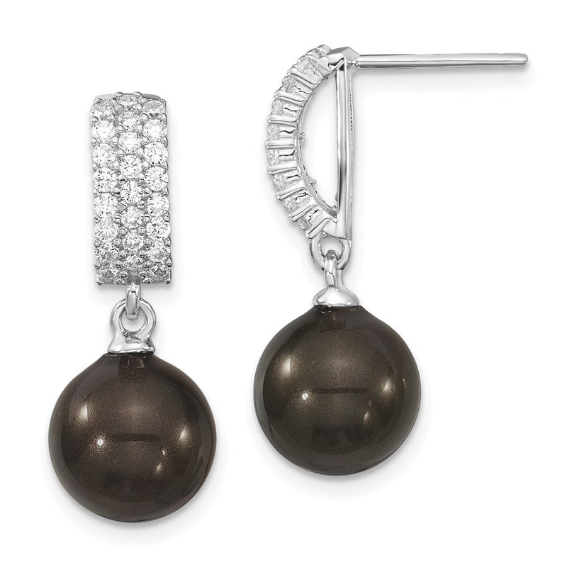 Sterlingsilber Majestik Rhodiniert 10-11mm Schwarz Imitat Muschel Perle und Zirkonia Stecker Ohrhänger