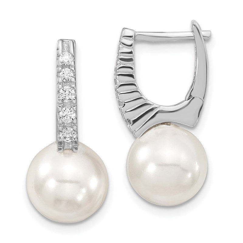 Sterlingsilber Majestik Rhodiniert 10-11mm Weiß Imitat Muschel Perle Zirkonia Klappbar Stecker Ohrhänger
