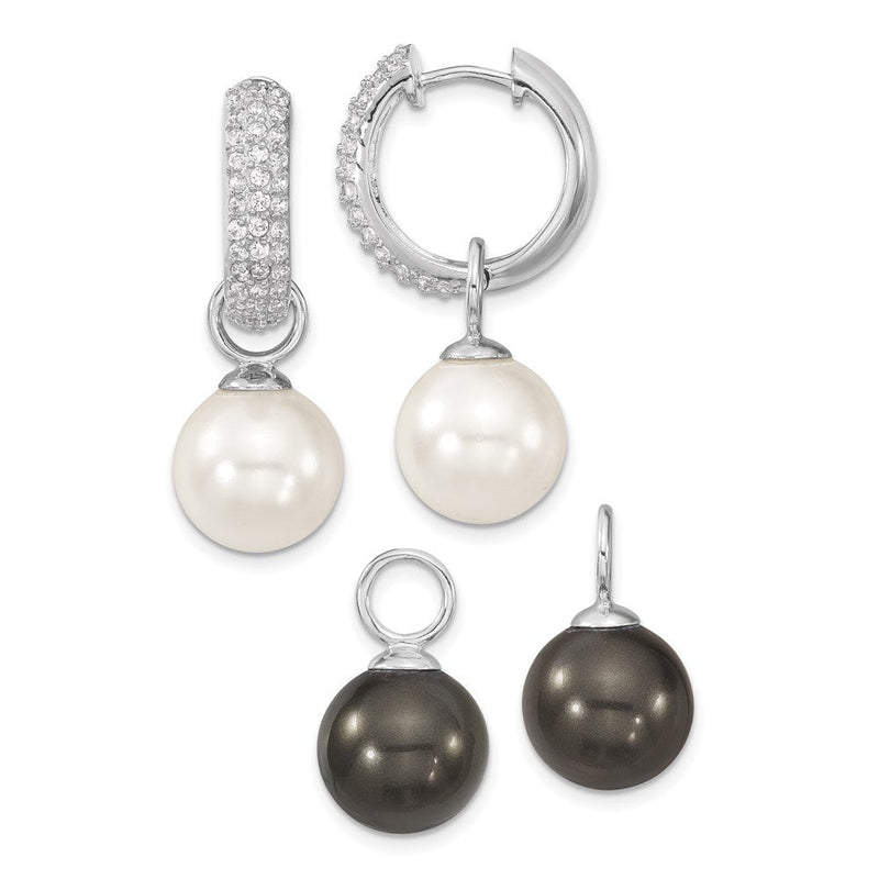 Sterlingsilber Majestik Rhodiniert Zirkonia 12-13mm Schwarz und Weiß Interchangeable Muschel Perle Klappbar Creolen