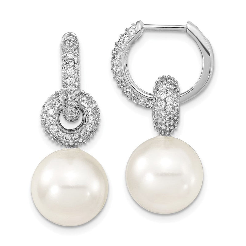 Sterlingsilber Majestik Rhodiniert 12-13mm Weiß Imitat Muschel Perle Hängend Endlos Zirkonia Creolen