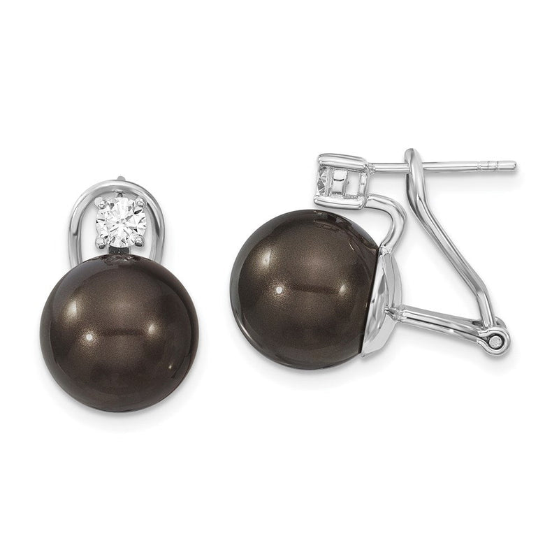 Sterlingsilber Majestik Rhodiniert 12-13mm Schwarz Imitat Muschel Perle und Zirkonia Omega Rückseite Ohrringe