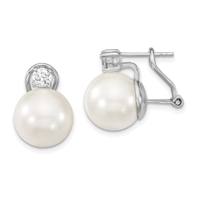 Sterlingsilber Majestik Rhodiniert 12-13mm Weiß Muschel Imitat Perle und Klar Zirkonia Omega Rückseite Ohrstecker