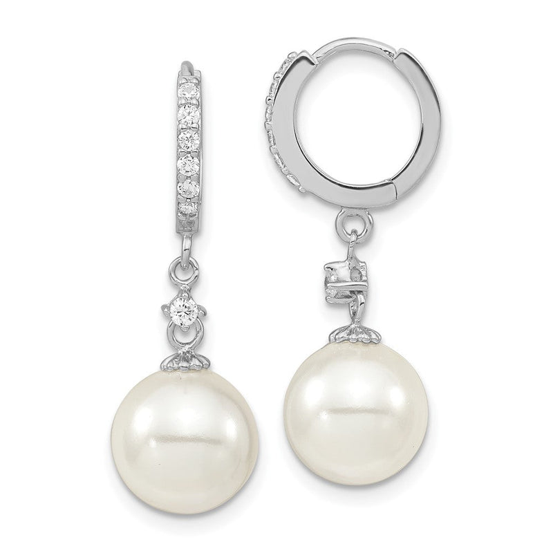 Sterlingsilber Majestic Rhodiniert 10-11mm Weiß Imitat Muschel Perle Zirkonia Klappbar Creole Ohrhänger
