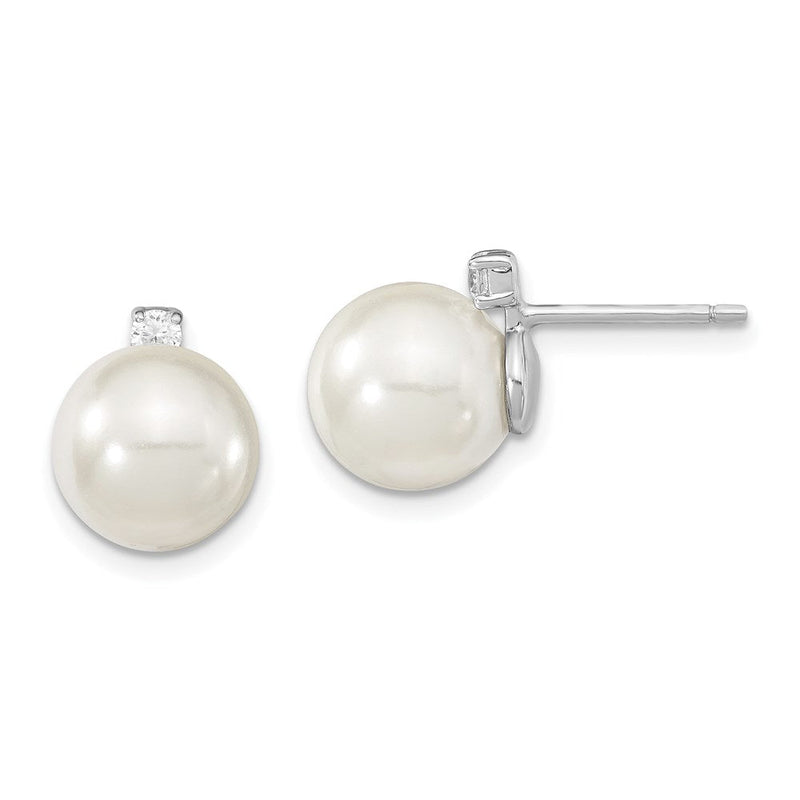 Sterlingsilber Majestik Rhodiniert 8-9mm Weiß Imitat Muschel Perle und Zirkonia Ohrstecker