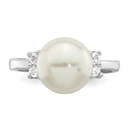 Sterlingsilber Majestik Rhodiniert Größe 8 10-11mm Weiß Imitat Muschel Perle und Zirkonia Ring