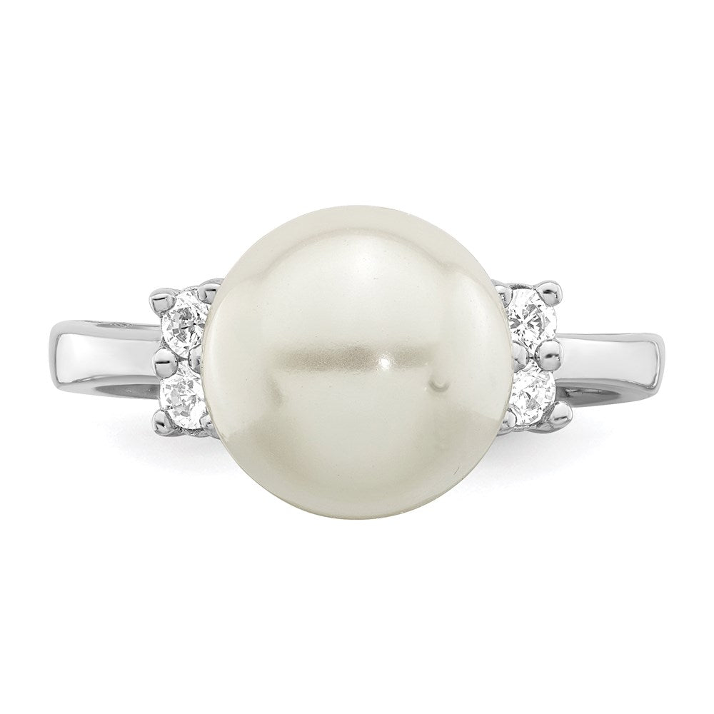 Sterlingsilber Majestik Rhodiniert Größe 7 10-11mm Weiß Imitat Muschel Perle und Zirkonia Ring