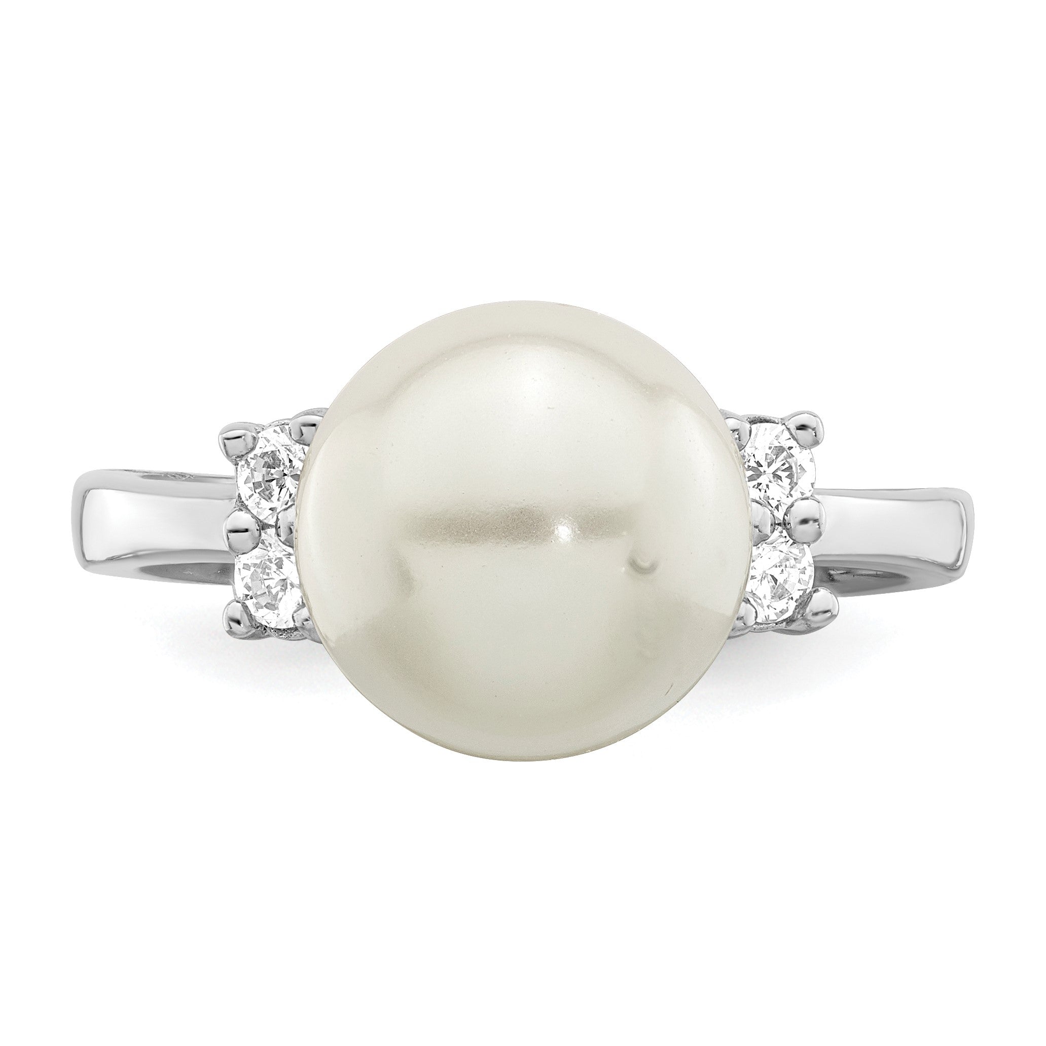 Sterlingsilber Majestik Rhodiniert Größe 6 10-11mm Weiß Imitat Muschel Perle und Zirkonia Ring