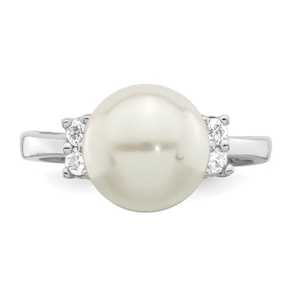 Sterlingsilber Majestik Rhodiniert Größe 6 10-11mm Weiß Imitat Muschel Perle und Zirkonia Ring