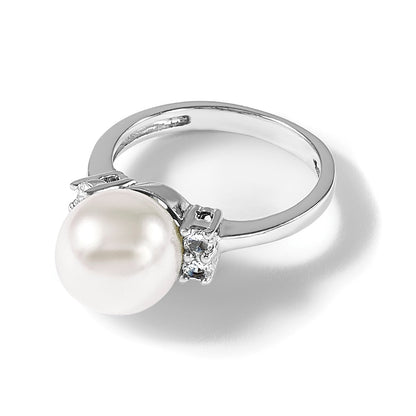 Sterlingsilber Majestik Rhodiniert Größe 6 10-11mm Weiß Imitat Muschel Perle und Zirkonia Ring