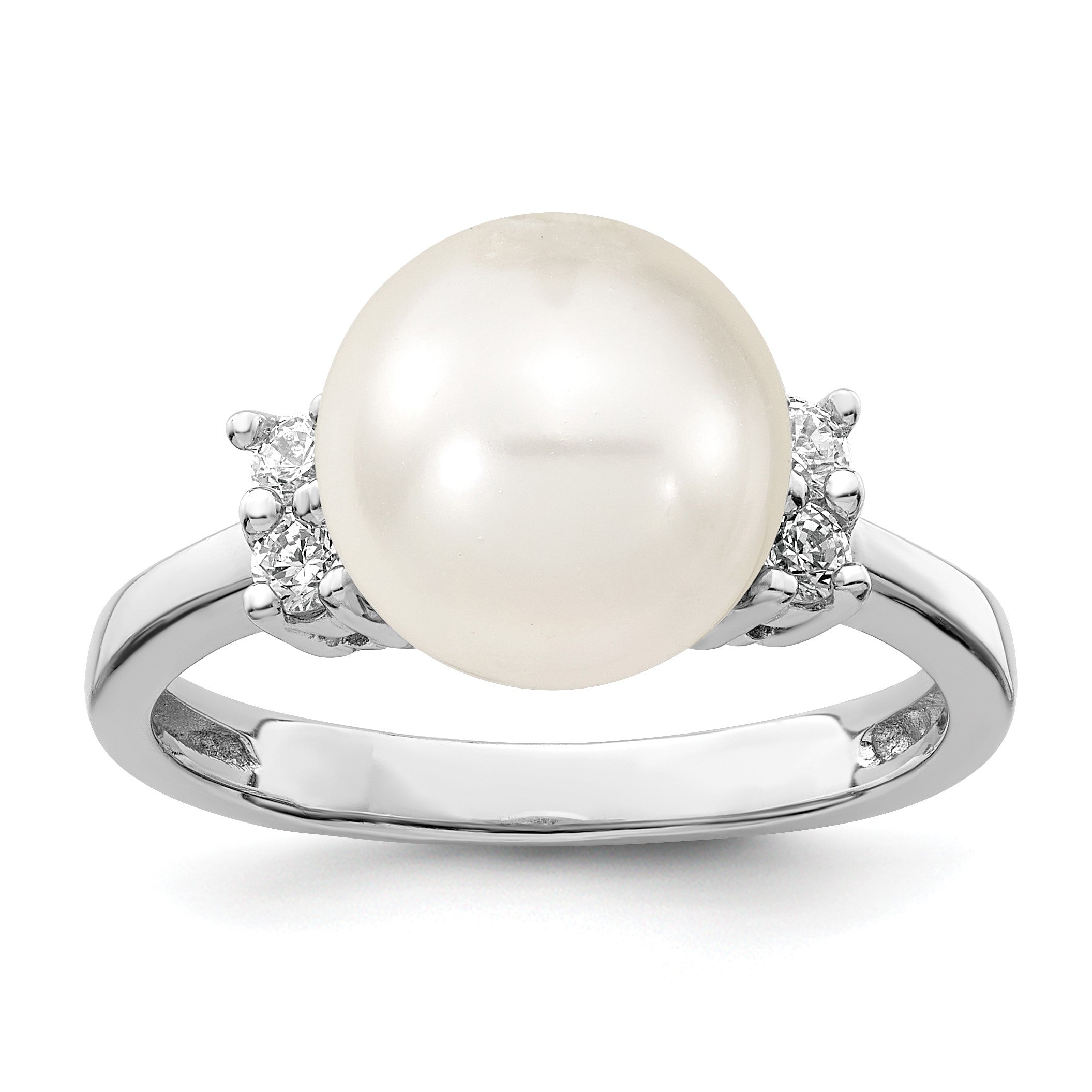Sterlingsilber Majestik Rhodiniert Größe 6 10-11mm Weiß Imitat Muschel Perle und Zirkonia Ring
