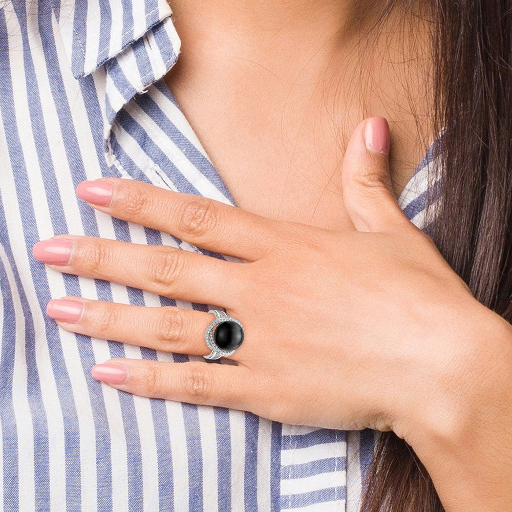 Sterlingsilber Majestik Rhodiniert Größe 6 12-13mm Schwarz Imitat Muschel Perle und Zirkonia Ring