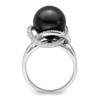 Sterlingsilber Majestik Rhodiniert Größe 6 12-13mm Schwarz Imitat Muschel Perle und Zirkonia Ring