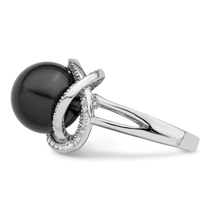 Sterlingsilber Majestik Rhodiniert Größe 6 12-13mm Schwarz Imitat Muschel Perle und Zirkonia Ring