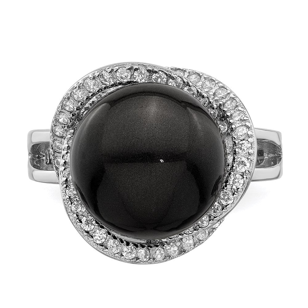 Sterlingsilber Majestik Rhodiniert Größe 8 12-13mm Schwarz Imitat Muschel Perle und Zirkonia Ring