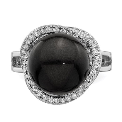 Sterlingsilber Majestik Rhodiniert Größe 6 12-13mm Schwarz Imitat Muschel Perle und Zirkonia Ring