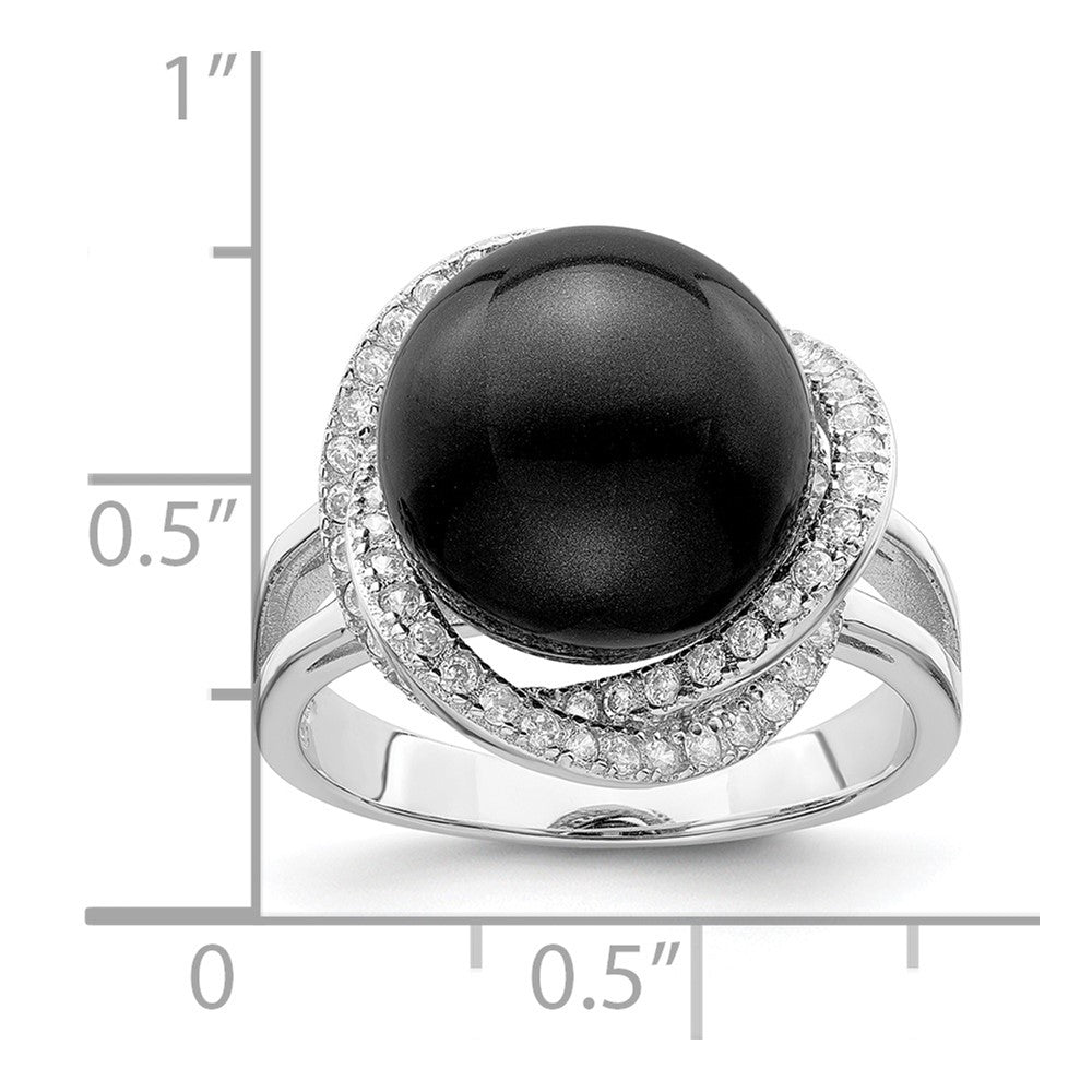 Sterlingsilber Majestik Rhodiniert Größe 6 12-13mm Schwarz Imitat Muschel Perle und Zirkonia Ring