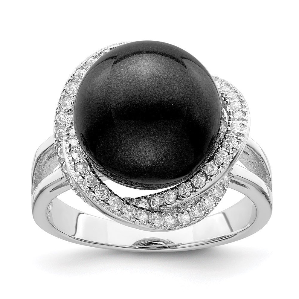Sterlingsilber Majestik Rhodiniert Größe 8 12-13mm Schwarz Imitat Muschel Perle und Zirkonia Ring