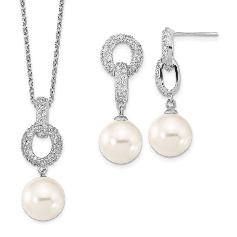 Sterlingsilber Majestik Rhodiniert 10-11mm Weiß Imitat Muschel Perle und Zirkonia Ohrringe Federring Verschluss 17 Zoll Halskette Set