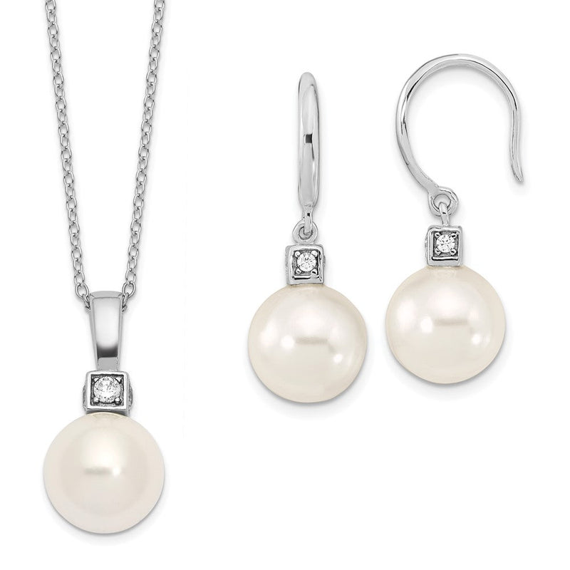 Sterlingsilber Majestik Rhodiniert 10-11mm Weiß Imitat Muschel Perle und Zirkonia Ohrringe Federring Verschluss 17 Zoll Halskette Set