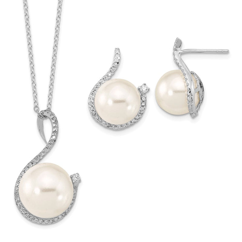 Sterlingsilber Majestik Rhodiniert 10-12mm Weiß Imitat Muschel Perle und Zirkonia Ohrringe Federring Verschluss 17 Zoll Halskette Set