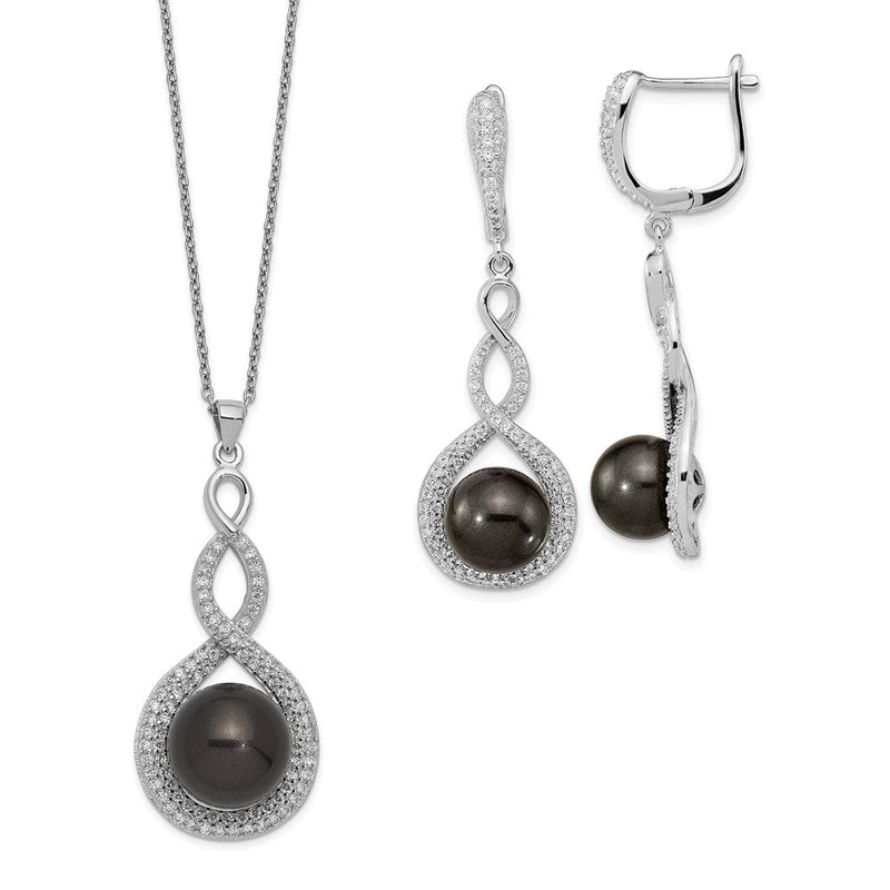 Sterlingsilber Majestik Rhodiniert 10-12mm Schwarz Imitat Muschel Perle und Zirkonia Ohrringe Federring Verschluss 17 Zoll Halskette Set
