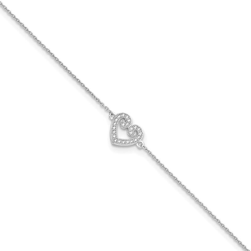 Sterlingsilber Brillant Glut Rhodiniert 23 Stein 9 Zoll Mikro Pavé Zirkonia Herz Fußkettchen mit 1 Verlängerung