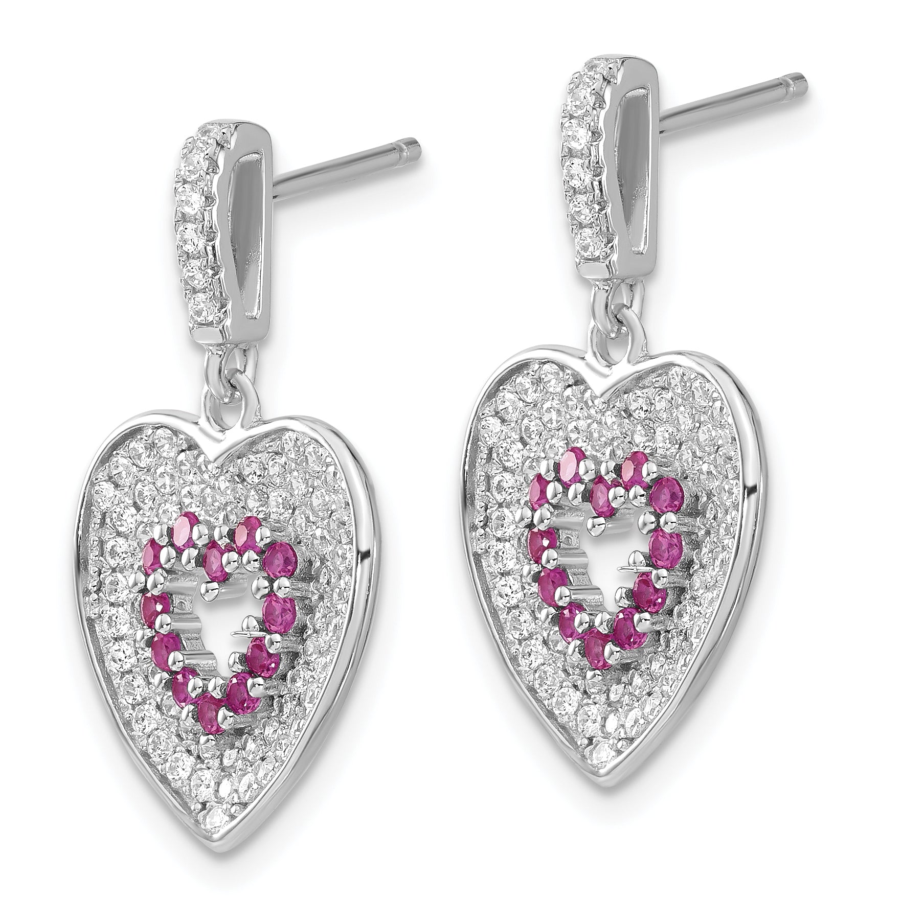 Sterlingsilber Brillant Glut Rosa & Klar Zirkonia Herz Hängend Ohrstecker